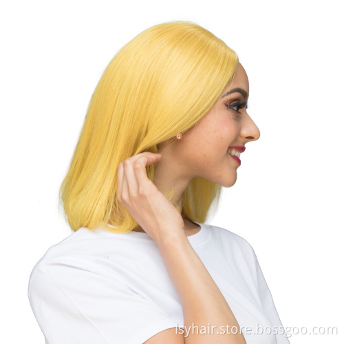 Lsy Hair Ginger Royal Yellow Color Human Hair Bob Wigs, Glueless Straight Short Lace Front Virgin Human Hair Wigs For Sale
